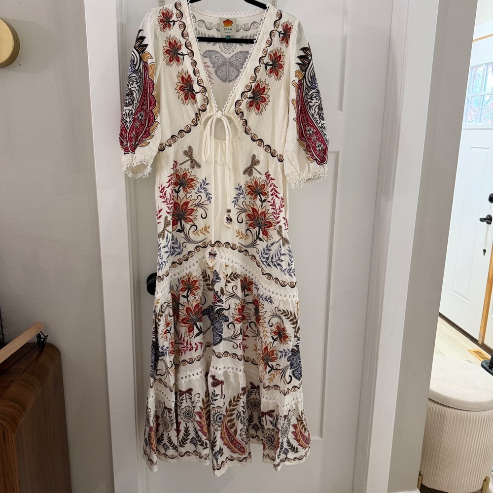 Farm Rio Boho Glam Floral Linen Blend Maxi Dress Cream Multi Size M Boho Whimsy